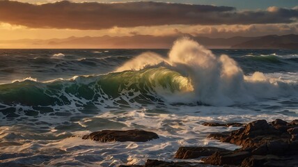 A large wave crashing near rocks under a cloudy sky during golden hour at the ocean shore