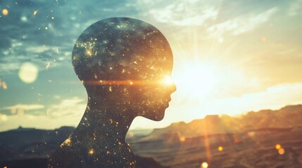 Contemplative young woman with starry cosmos in silhouette