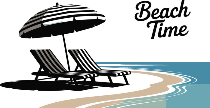 Two beach chairs under a striped umbrella evoke a relaxing beach time getaway, perfect for summer vacation vibes and coastal relaxation with a minimalist, vector design.