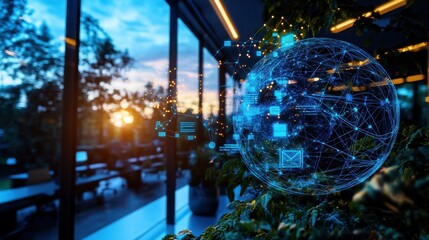Glowing globe representing digital network in modern office