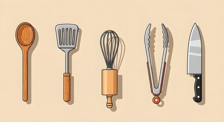Essential Kitchen Utensils and Culinary Tools Set Flat Design Vector Illustration for Home Cooking, Professional Food Preparation, and Everyday Meal Creation.