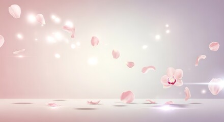 A soft pink background with floating petals and a single orchid flower in the foreground right