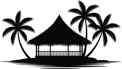 Silhouette of a tropical beach scene featuring palm trees and a thatched roof hut, evoking a sense of vacation, relaxation, and island getaway in a simple design.