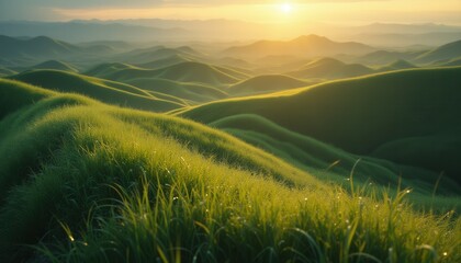 Fototapeta premium Serene sunrise over rolling hills and grassy landscape