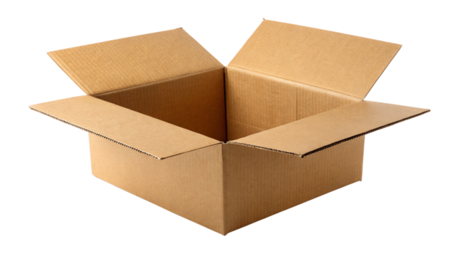 Open cardboard box isolated on transparent background, perfect for shipping, delivery, or storage needs in various industries and businesses
