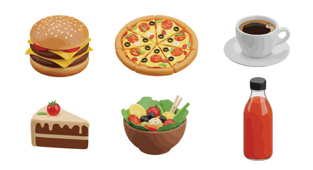 Assorted food items burger pizza coffee cake salad and juice illustration