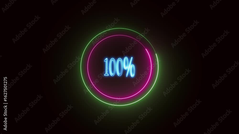 Poster animated neon circle progress bar with 100 percent loading effect in vibrant tech colors. bright hud