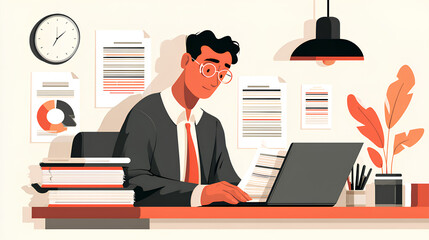AI analyzing and summarizing data reports or papers. Artificial intelligence generating document. Businessman typing on laptop computer keyboard at desk in office. Stock Illustration