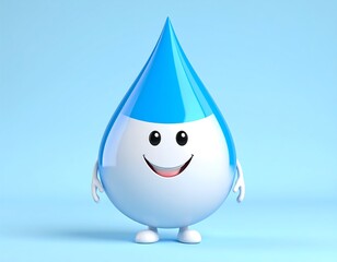 A cheerful, cartoon raindrop character with arms and legs, standing on a light blue background