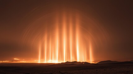 Naklejka premium Numerous light beams illuminating desert landscape at night