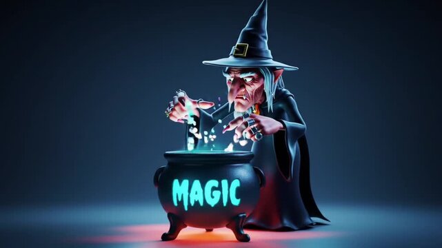 Cartoon 3D Witch Brewing Potion in Glowing Cauldron. Halloween Fantasy Illustration