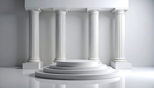 A minimalist rendering of a tiered circular platform, centered before four classical columns against a white wall