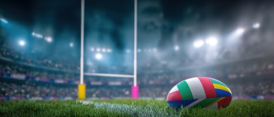 The rugby ball on the field, showcasing the excitement of a night game.