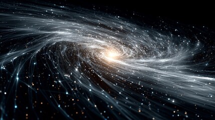 An artistic representation of a spiral galaxy with swirling white lines resembling cosmic dust around a bright central c