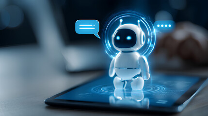 AI chatbot technology, virtual assistant for customer service, futuristic smart automation, AI-powered chatbot on tablet, digital business support, artificial intelligence conversation bot.