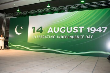 Graphic design for Pakistan's Independence Day with the crescent, star, and text on a green background.