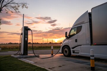 A large semi truck is parked at a charging station