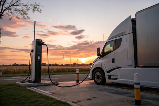 A large semi truck is parked at a charging station