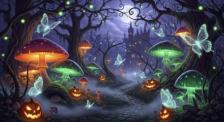 Fototapeta premium Fantasy scene with glowing mushrooms butterflies jack-o'-lanterns and castle in the background.