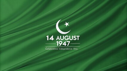 A social media banner for the 14th of August, Pakistan Independence Day, with a green textured background