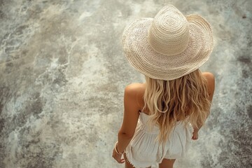 Top view of a blonde girl walking in a summer outfit during vacation, embodying the essence of a beach holiday and outdoor exploration, Generative AI