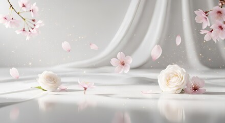 Elegant white backdrop with roses and cherry blossoms creating a serene and delicate atmosphere
