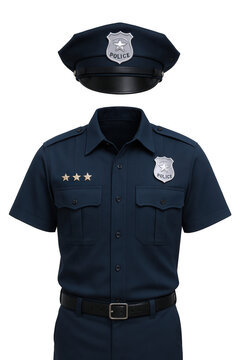 Official Police Uniform Ensemble Featuring a Navy Blue Shirt, Cap, and Belt with Emblematic Insignia and Rank Stars
