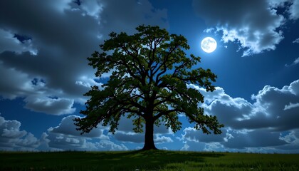 Obraz premium Serene Night Landscape with Illuminated Tree and Moon