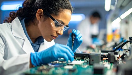 Female electronics engineer in a lab coat and safety glasses meticulously working on a circuit board, a concept of innovation and technology.