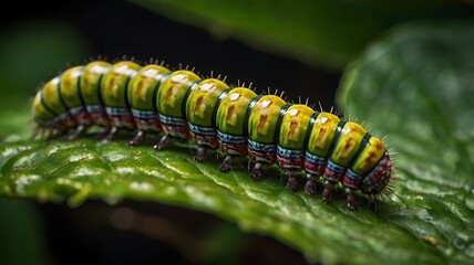 A vibrant caterpillar crawling on a green leaf with intricate patterns and segmented body close up view