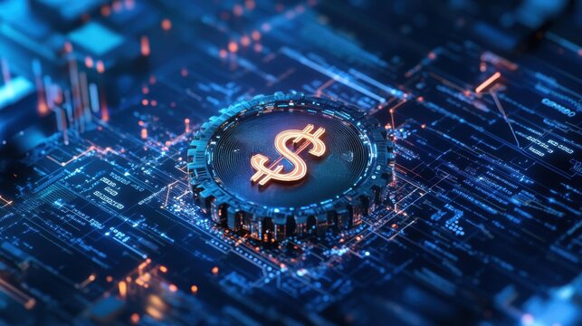 Dollar sign symbol on circuit board in futuristic digital environment
