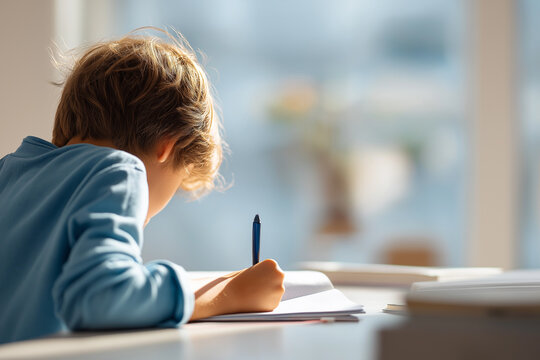 Child studying at home. Over the shoulder view of child studying at white desk.