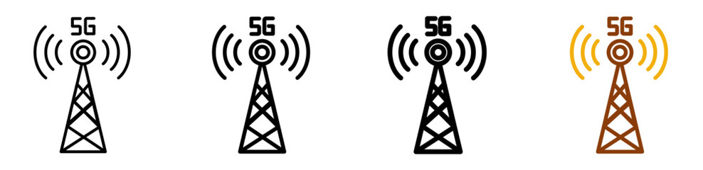 5G network icon set in modern outline style for telecom dashboards, signal interface, and connectivity apps, featuring multistyle stroke and full color variation set