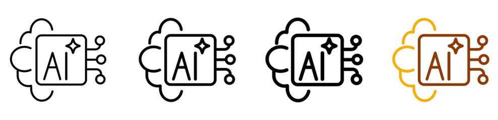 Artificial intelligence icon set in futuristic outline style for machine learning dashboards, robotics UI, and AI systems, featuring multistyle stroke and full color variation set