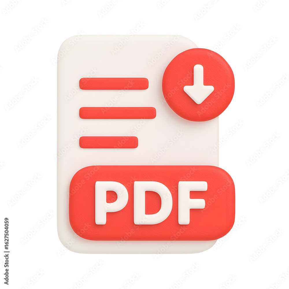 Poster 3d pdf file icon with red download symbol representing document and file transfer, isolated on trans