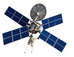 A detailed overhead view of a satellite, showcasing its solar panels, antenna, and central body against a plain white backdrop