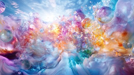 Iridescent bubbles floating in a dreamlike landscape