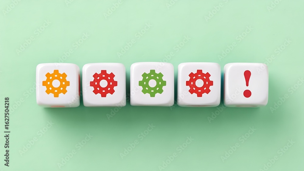 Poster efficiency and alert concept – row of dice with gear and exclamation icons on green background, proc