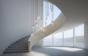 Minimalist 3D rendering of a contemporary glass pendant light suspended above a spiral staircase in a bright seaside-inspired room with white walls and ocean views
