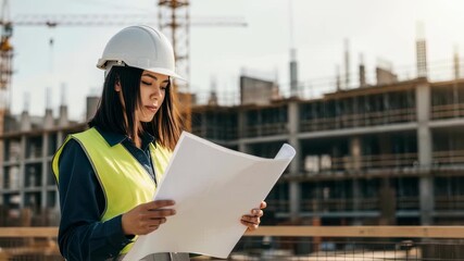 Woman construction worker in hardhat and safety vest reviewing blueprint at building site, engineering footage. - Powered by Adobe