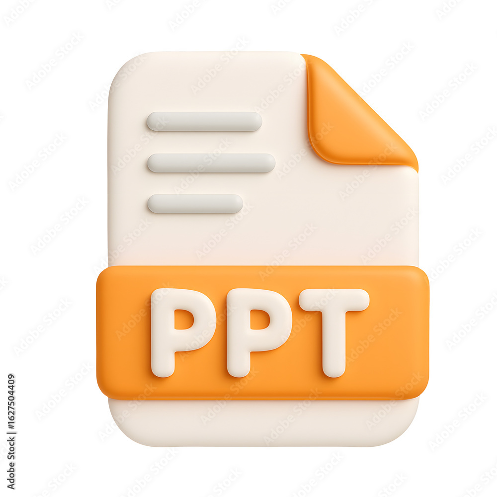 Poster 3d presentation document icon, cream and orange ppt file with text lines for presentation or slide c