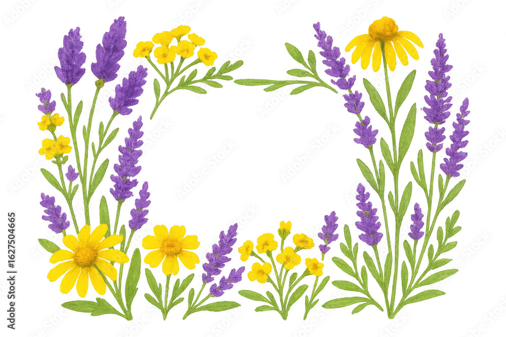 Poster hand-drawn lavender and yellow daisy flowers are arranged to form a rectangular frame, perfect for a