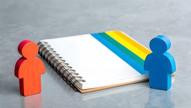 Dialogue and Planning Concept – Colorful Notebook with Red and Blue Figurines on Gray Background - Powered by Adobe