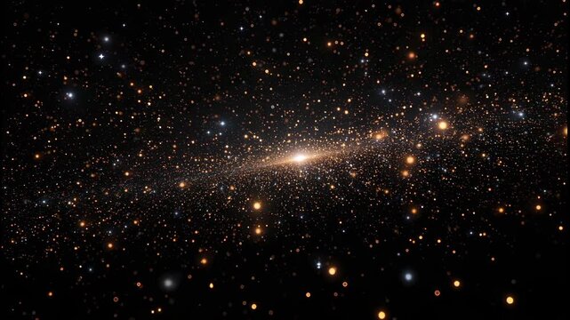 Animation flight through a galaxy of star cluster, gold dust and glitter with bokeh effect. Futuristic futage of luminous particles flow. Space, cosmic background
