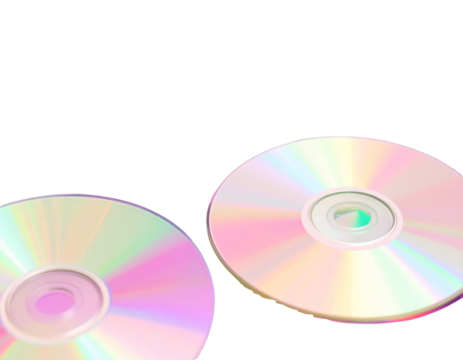 Scattered Colorful CDs with Light Beams and Lens Flare Effects, Artistic Retro Composition, Transparent PNG