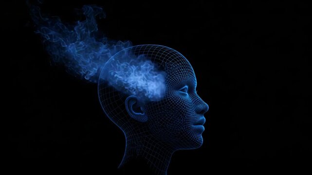 A glowing blue wireframe human head with abstract digital smoke emanating from the brain