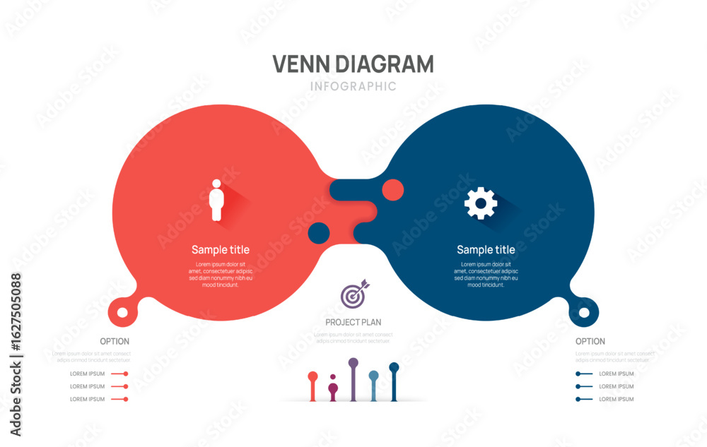 Wall mural venn diagram business infographic circle chart template 2 steps options, presentation with venn diag