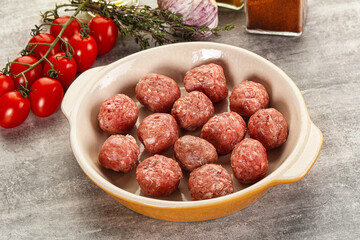 Uncooked raw beef meatball minced