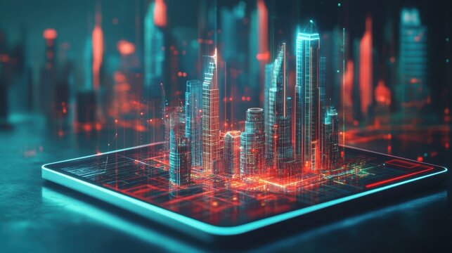 Digital cityscape projection on tablet in dark indoor setting