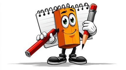Cartoon Eraser Character with Pencil, Marker, and Notebook